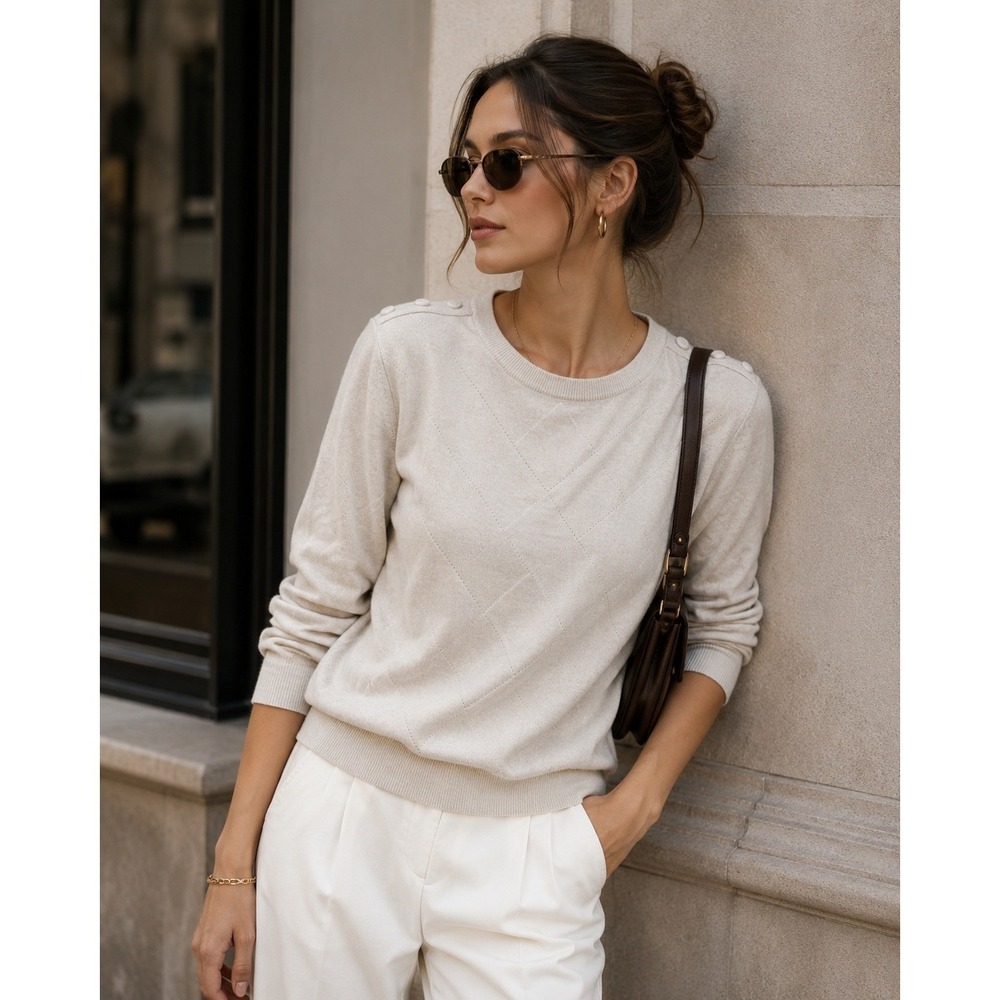 Carmen Marc Valvo Sweater Women Medium Beige Neutral Classic Quiet Luxury